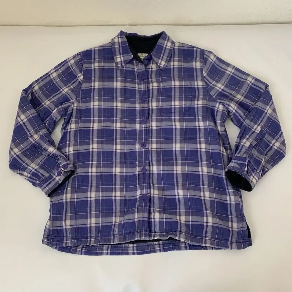 LL Bean Shacket Shirt Jacket Fleece Lined Blue Plaid Women S Petite Outdoor Hike